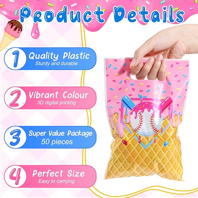Glenmal 50 Pcs Baseball Ice Cream Drip Party Favors Gift Bags Plastic Ice Cream Baseball Goodie Candy Treat Snack Bags for Birthday Party Supplies