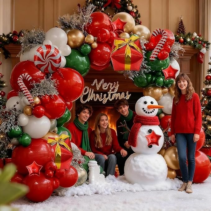 Christmas Balloons Garland Arch Kit, Double Stuffed Dark Green Red Gold Pearl White Balloons for Christmas New Year Xmas Holiday Birthday Party Decorations