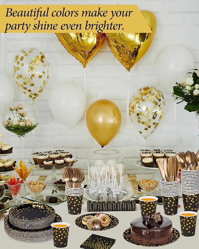 350 Pieces Party Supplies, Black and Gold Party Plates Cups and Napkins Sets with Plastic Knives forks spoons, Disposable Tableware Serves 50 Sets for Wedding, Birthday, Graduation, Festivals