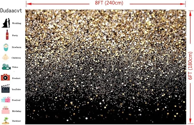 Dudaacvt 8x6FT Black and Gold Backdrop Gold Glitter Paint Banner Golden Bokeh Spot Starry Sky Wedding Adult Baby Children Family New Year Party Backdrop