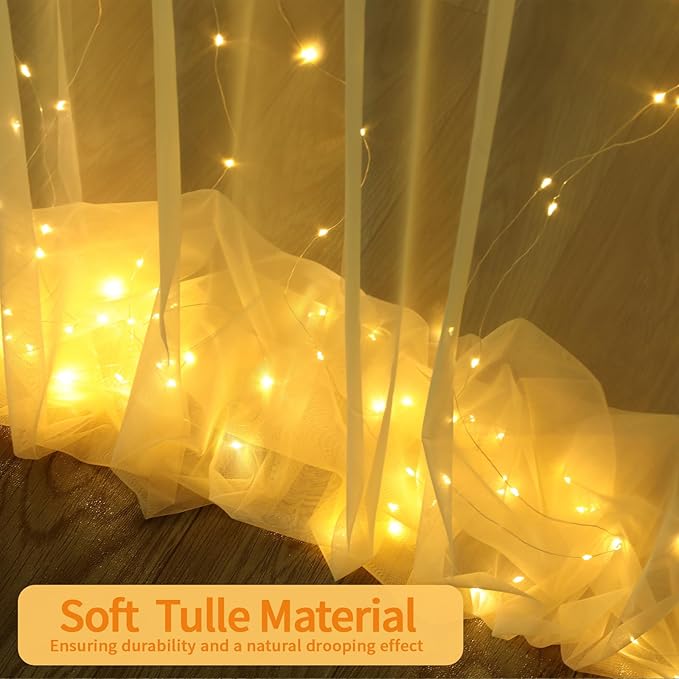 GALLETY 10 FT x 8 FT Champagne Backdrop Curtain - Tulle Backdrop Curtain with Lights String - Sheer Backdrop Curtains with 4 Inch Rod Pockets for Birthday Weddings Baby Shower Theme Party Decorations
