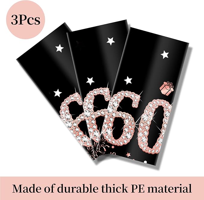 3 Pack Pink Rose Gold 60th Birthday Tablecloth Decorations - Happy Sixty Theme, Plastic Disposable Rectangular Table Cloth Decor