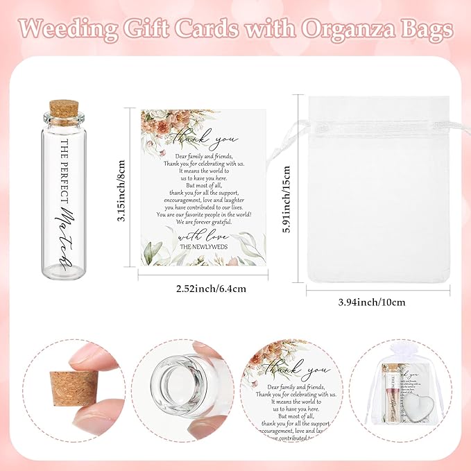 Wovnet 50 Sets Wedding Party Favors for Guests Bulk Including Heart Shaped Candles and Empty Matches Jars with Cork Top Thank You Cards and Organza Bags for Wedding Bridal Shower Party (Boho Flower)