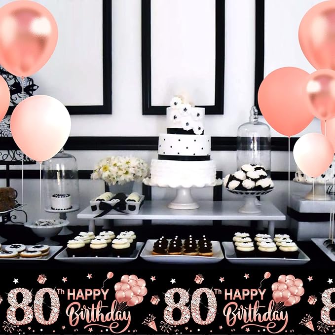 3 Pack Rose Gold 80th Birthday Tablecloth Decorations - Happy Eighty Birthday Theme Table Cover Party Supplies, Plastic Disposable Rectangular Table Cloth Decor