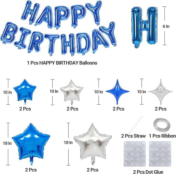 KALOR Blue and Silver Happy Birthday Balloons Kit with 16 Inch Mylar Foil Letters Balloon and Star Balloons for Birthday Party Decorations Photo Booth Backdrop