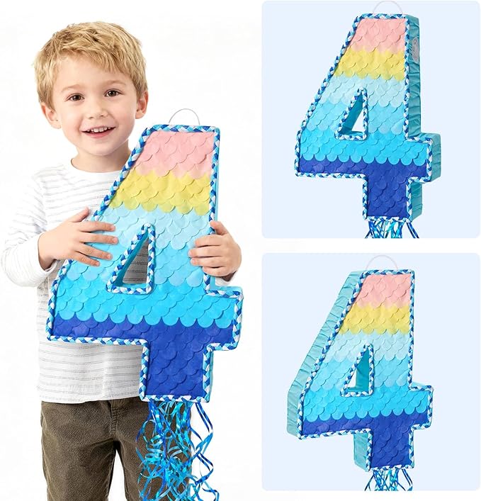 WERNNSAI Number 4 Piñata - Ombre Blue Number Piñata with Blindfold Stick Birthday Party Game for Kids Boys Girls 4th Birthday Party Decorations （16.3" x 11.6" x 3")