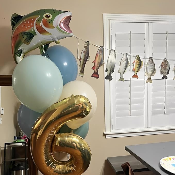 Rainbow Trout Fish Balloons 4pcs 27inch Fishing Foil Balloons for O-fishally One Fishing Themed Birthday Baby Shower Father's Day Party Decoration