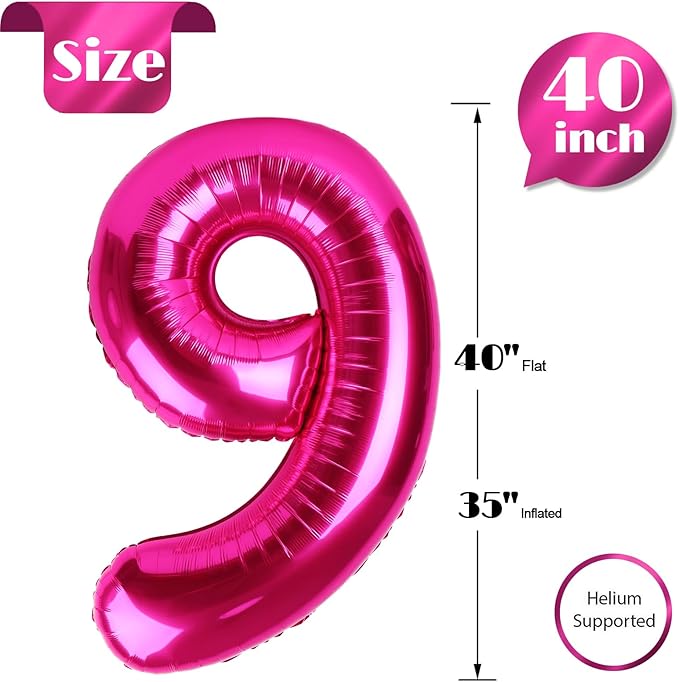 Hot Pink 9 Balloon, Number Balloons 40 Inch, 9th Giant Birthday Decorations for Girls, 19th 29th Party Decorations Supplies, Number 9 Balloon