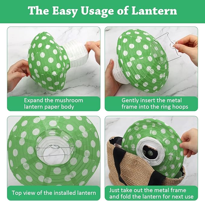 4Pcs Mushroom Shaped Paper Lanterns, Windspeed Large 8 and 12 Inch Lanterns for Nursery Garden Christmas Party Decoration (Green)