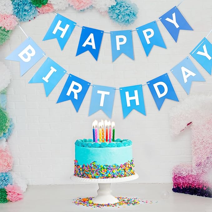 Blue Happy Birthday Banner Sign Happy Birthday Bunting Banner Garland for Kids Boys Baby 1st Birthdays Tea Party Decorations Bunting Flag Birthdays Party Supplies
