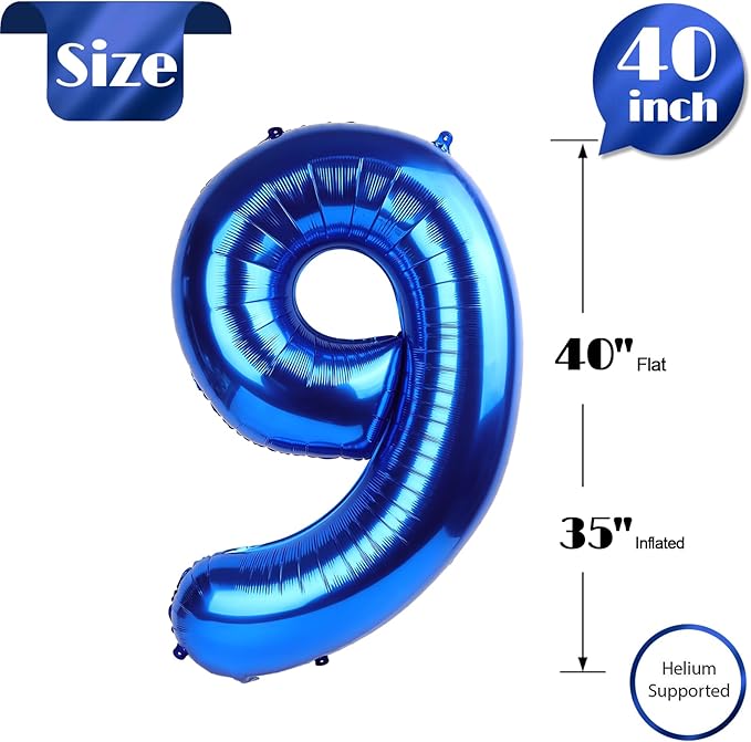 Metallic Blue Number 9 Balloon 40 Inch, 9 Balloon Number, 9th Birthday Decorations, Navy Blue Party Supplies for Boys Girls