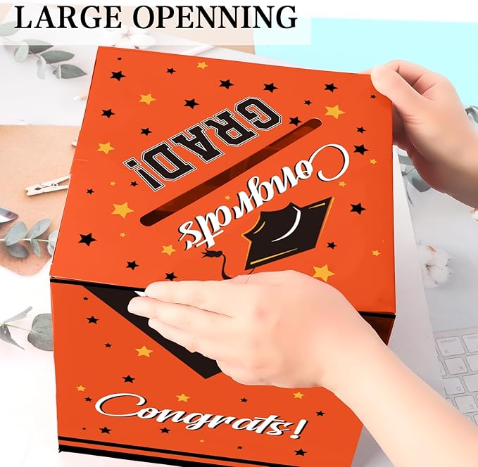 Graduation Card Box, Graduation Party Decorations 2025, Orange Graduation Box, Graduation Card Holder, Foldable Cardboard Congrats Grad Card Gift Box for Graduation Party Supplies Party Favors