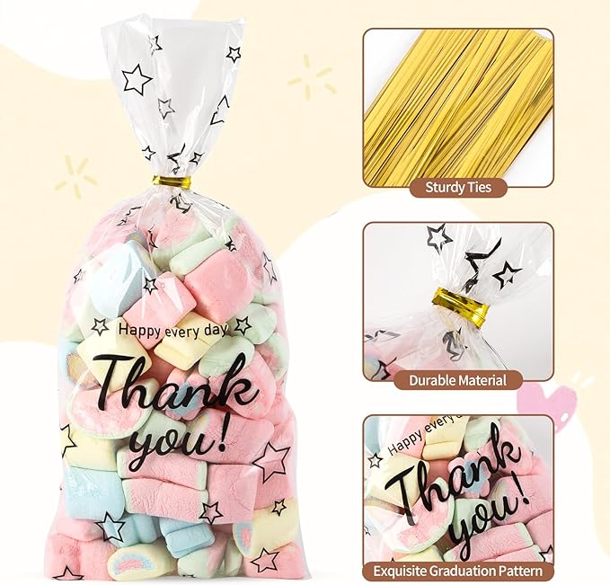 Docvania Cellophane Treat Gift Bags Thank You Printed Cookie Bags 100 pcs 5 X 11 Gift Bag with Ties for Mother's Day, Thanksgiving and Christmas