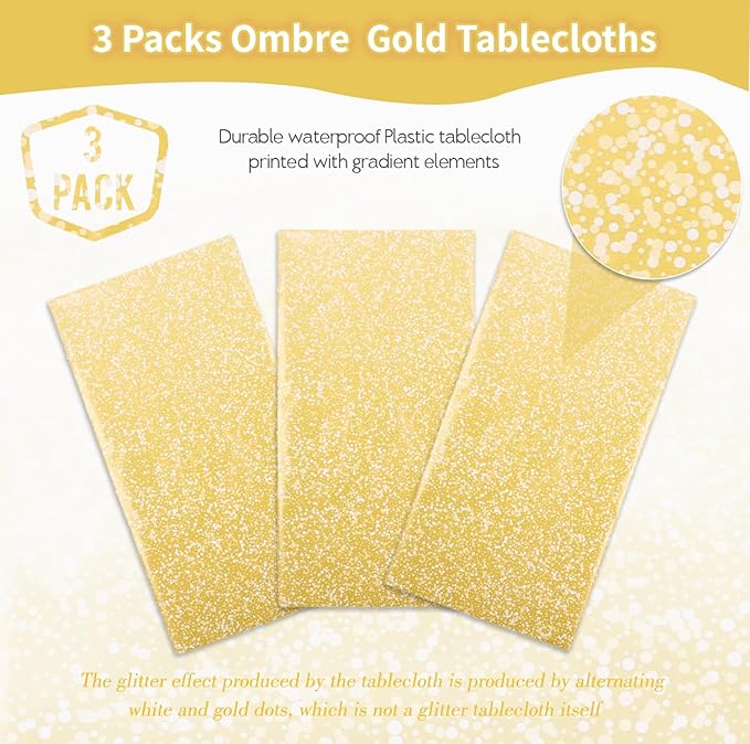 Kesfey 3 Packs Ombre Gold Plastic Tablecloth 54 x 108 Inch Gradient Pastel Gold Sequin Table Cloths Rectangle Disposable Waterproof Yellow Sprinkle Glitter Table Covers for Birthday Party Decorations