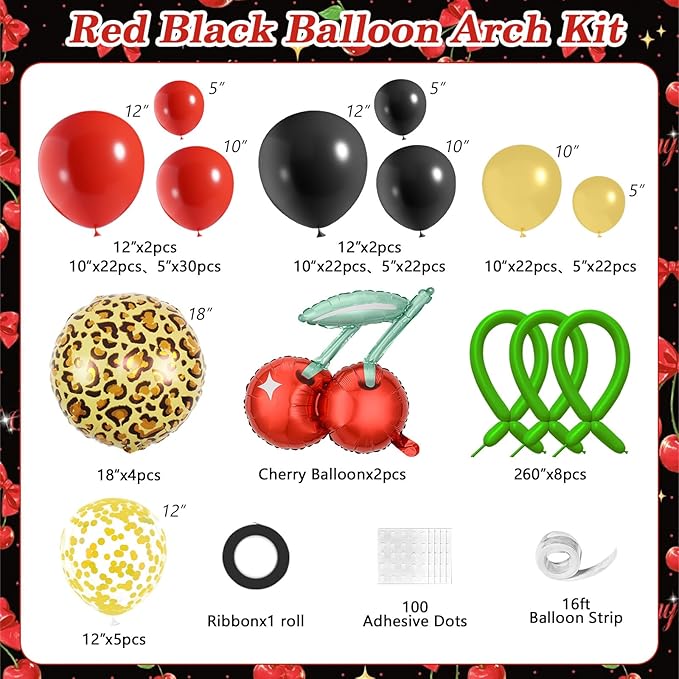 JOGAMS 170Pcs Betty Party Decorations,Cheetah Print Red and Black Party Decorations with Gold Confetti Cherry Cheetah Print Green 260 Balloons for Bachelorette Birthday Baby Shower Vintage Retro Party