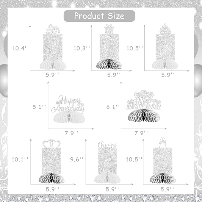 Cheereveal 8 Pieces Happy Wedding Anniversary Honeycomb Centerpiece, Silver Glitter Photo Table Topper, Anniversary Theme Party Supplies for Adult 10th 20th 25th 30th 40th 50th 60th Decorations