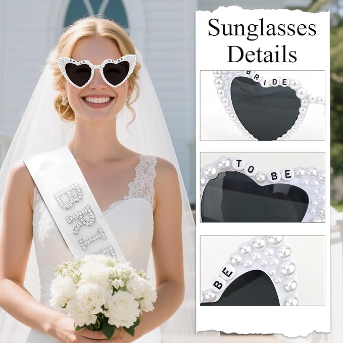 Bride to Be Set: Pearl-Trimmed Heart Sunglasses, Pearl BRIDE Sash & Tulle Veil - Bachelorette Party Bridal Accessories