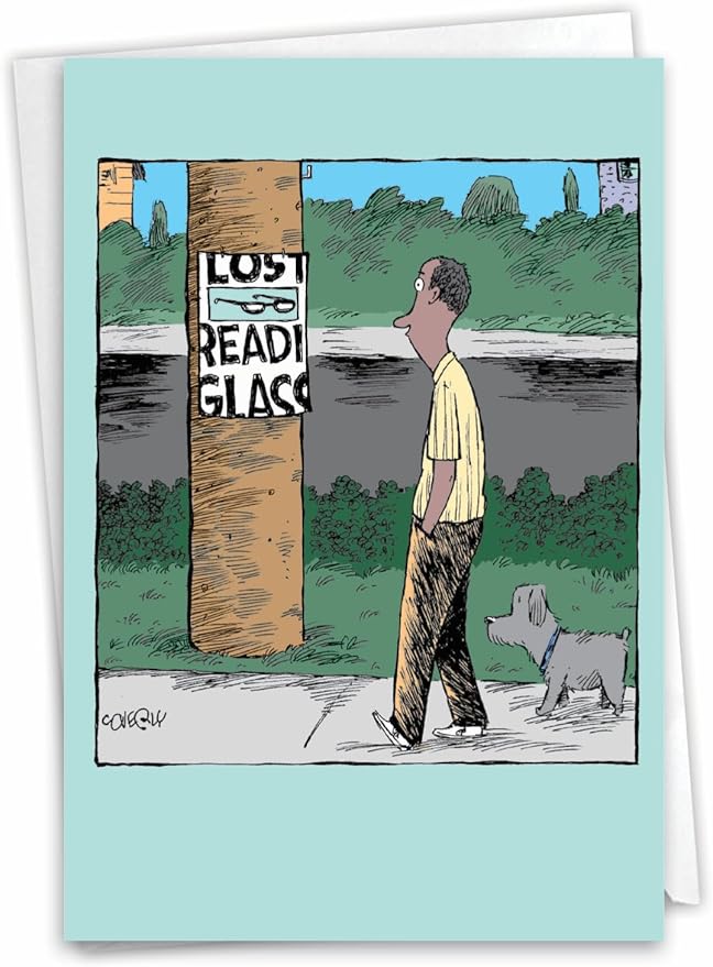 NobleWorks - 1 Humor Birthday Card with Envelope - Funny Cartoons for Birthday Greetings, Celebration Notecard - Lost Reading Glasses C3277BDG