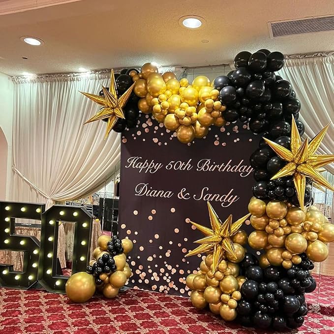 Black and Gold Balloon Arch Kit, 140Pcs Explosion Star Black and Metallic Gold Balloons 22 18 12 10 5 Inch Different Size Balloons for Birthday Anniversary Graduation New Year Decorations