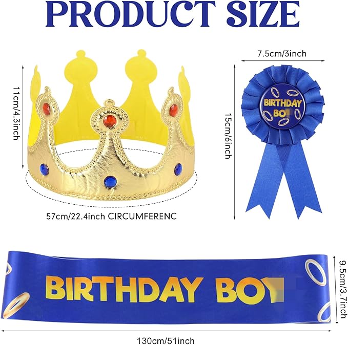 Norme 3 Pcs Blue with Gold Ring Birthday Sash King Crown and Button Pin Blue Golden Rings Cartoon Themed Birthday Party Accessory Set for Party Supplies Favors