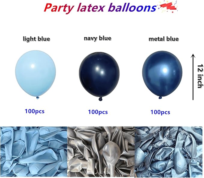 300 Pcs Blue Balloon Metal Blue Balloons, 12 Inch Navy Blue Light Blue Baby Blue Bulk Latex Balloon, for Birthdays Weddings Baby Shower Party Decorations