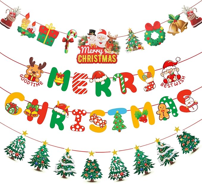 Merry Christmas Banner 3 Set, Hanging Christmas Garland Decorations with Colorful Xmas Tree Banner, Needles and Ribbons for Xmas Party Home Office Decorations Celebration Supplies