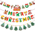 Merry Christmas Banner 3 Set, Hanging Christmas Garland Decorations with Colorful Xmas Tree Banner, Needles and Ribbons for Xmas Party Home Office Decorations Celebration Supplies