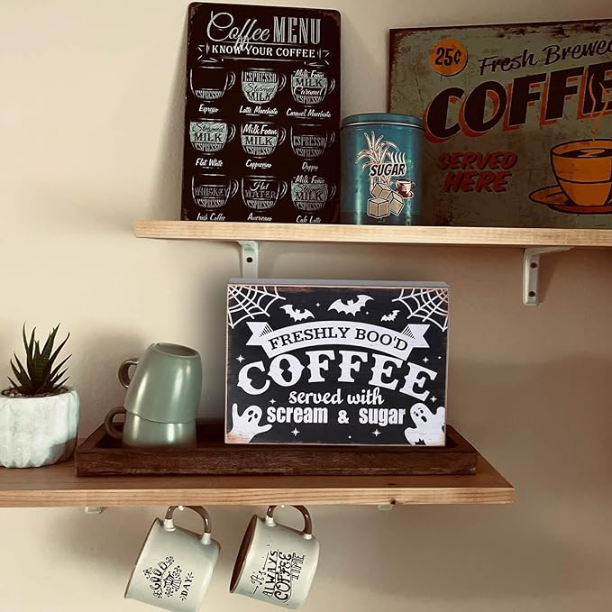 Esur Freshly Booed Coffee Wooden Box Sign, Fall Halloween Ghost Decorations Indoor for Home Office Kitchen Coffee Bar Decor