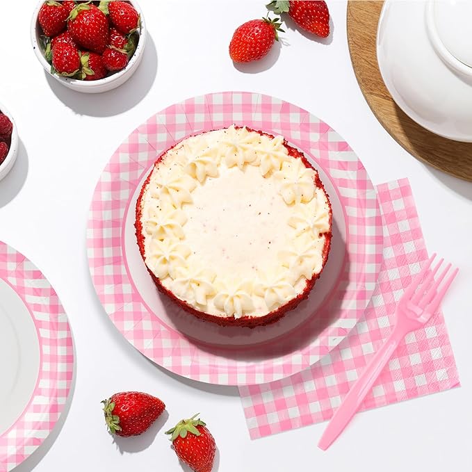 168PCS Party Plates, Scalloped Gingham Paper Plates and Cups and Napkins Sets Party Supplies for Birthday Wedding Bridal Shower Baby Shower Picnic, Serve for 24 Guests (Pink Gingham)