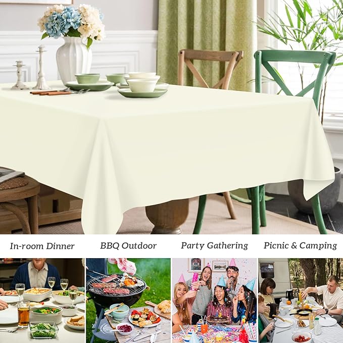 Mulbozy 12 Pcs Ivory Plastic Tablecloth for Rectangle Table, 54 × 108 inches Disposable Ivory Party Table Covers for Birthday, Anniversary, Wedding, Fine Dining, Graduation Party Decoration