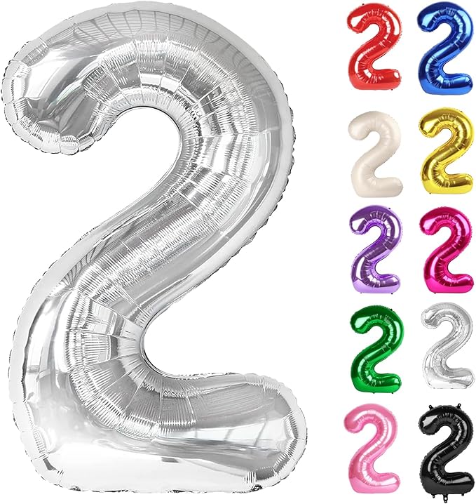 Silver Number 2 Balloon 40 Inch, 2 Balloon Number, 2nd Birthday Decorations for Baby Girls Boys Toddlers