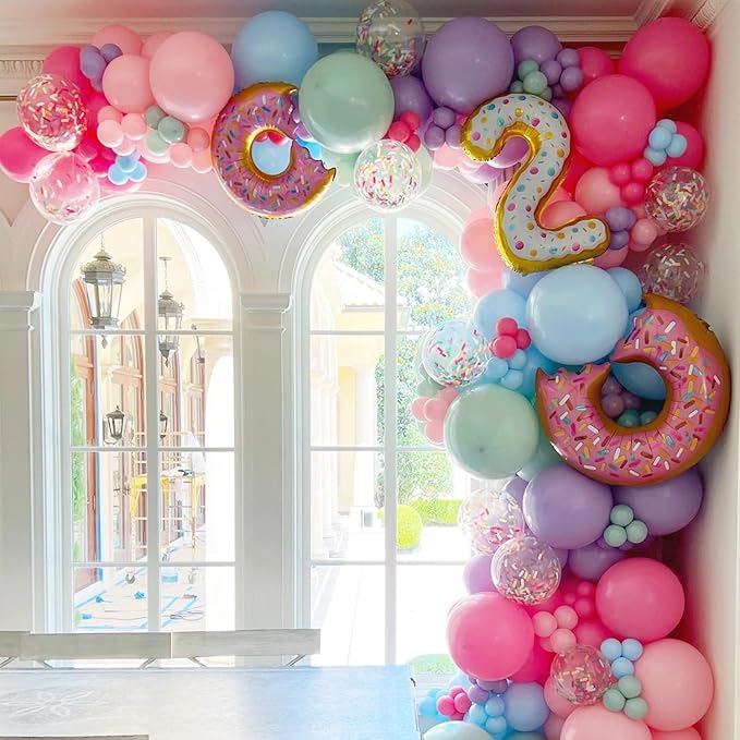 153Pcs Rainbow Donut Balloon Arch Garland Kit with Sprinkles Donut Ice Cream Lolly Foil Balloons for Girls Kids Candyland Sweet One Two Sweet Donut Grow Up Birthday Party Decorations
