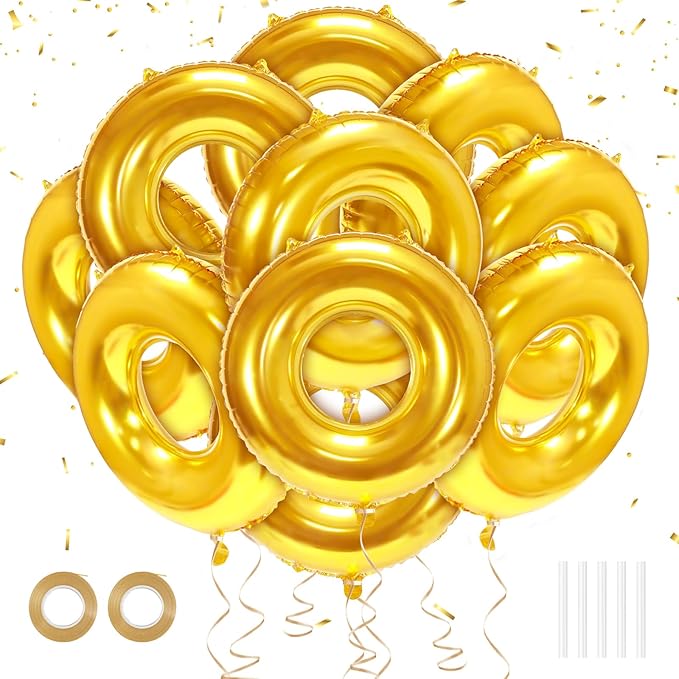 6 Pack 30" Gold Ring Balloons for Cartoon Characters Themed Party Decor, Hedgehog Theme Birthday & Anniversary Backdrop, Shiny Foil Balloons with Ribbons & Fishing Line