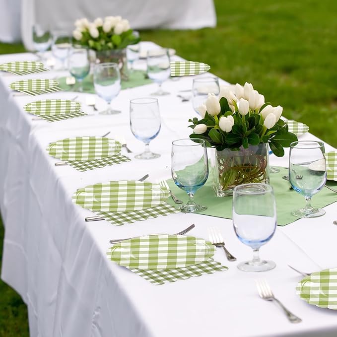 50PCS Sage Green Gingham Party Supplies - 7Inch Sage Green Scalloped Dessert Paper Plates and Napkins Set Disposable Plaid Dinner Party Set Cutlery for Baby Shower Birthday Wedding, Serve 25