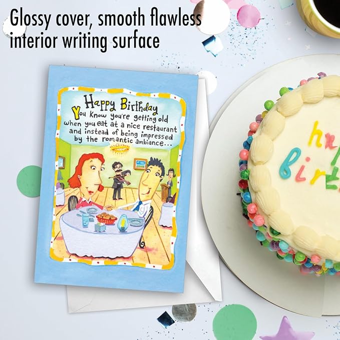 NobleWorks - 1 Funny Birthday Card for Women, Wife - Happy Bday Cartoon, Woman Notecard w/Envelope - Nice Restaurant C3336BDG