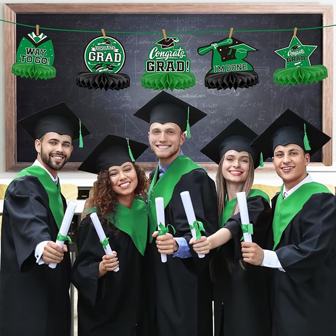 Gatherfun 9PCS Graduation Party Decorations Class of 2026 Congrats Grad Table Centerpiece Congratulate Graduation Honeycomb Table Toppers for Graduation Party Supplies(Green,Black