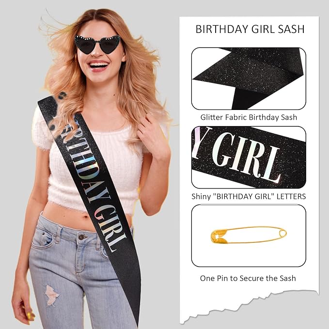 Birthday Girl Sash for Women & Birthday Glasses, Black Birthday Sash for Girls Happy Birthday Sash for Women Girls with Birth day Sunglasses for Woman and Girl
