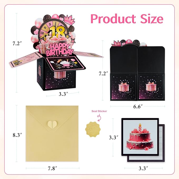FaCraft Pop Up 18th Birthday Card - Handmade Happy Birthday Pop Up Greeting Cards Gift with Envelope and Blank Insert, Spinning Wheel Design, 18 Year Old Teens, Girls, Daughter