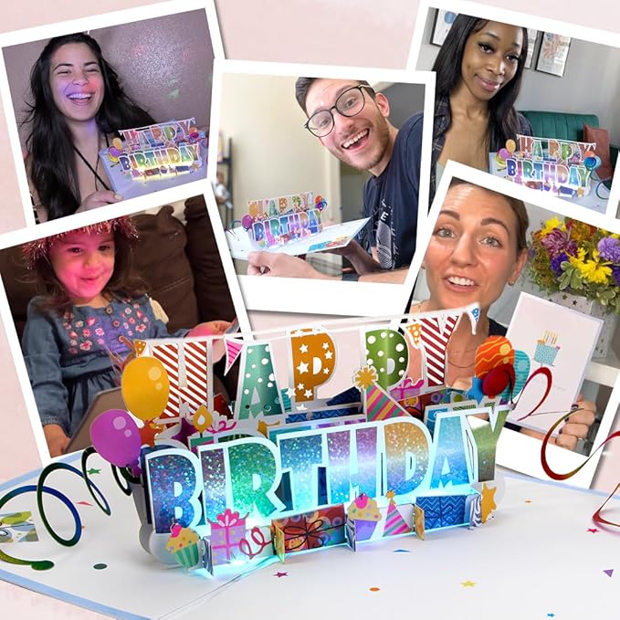 100 GREETINGS 3D Pop Up Birthday Card - Plays 'Happy' with Lights & Music, Unique BDay Singalong for Women, Men, Mom, Grandma & Grandpa