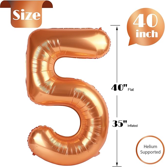 Orange 5 Balloon, Number Balloon 40 Inch, Orange Party Supplies, 5th Birthday Balloon Decorations, 5 Number Balloons, Number 5 Balloon