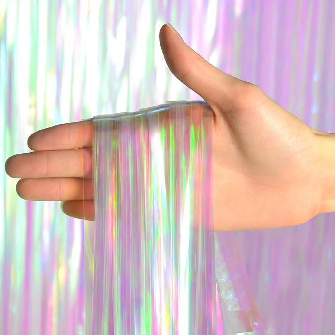 Melsan Transparent Backdrop Curtain, 3.28 x 8ft Extra Long Clear Foil Fringe Curtain with Extra Backup Tape, Soft Shimmer Party Decoration for Baby Shower, Candy Theme & Photo Booth, 2 Pack