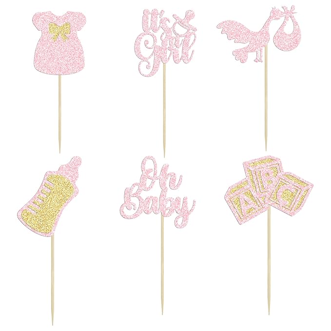 Gyufise 24Pcs Baby Shower Cake Topper, Light Pink, Baby Girl Themed Cupcake Picks for Gender Reveal, Birthday Party Supplies