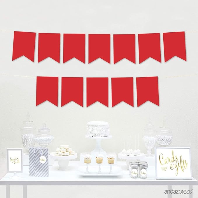 Andaz Press Hanging Pennant Banner with String, Red, 1-Set, 24 Pennants, Approx. 12-Feet Long