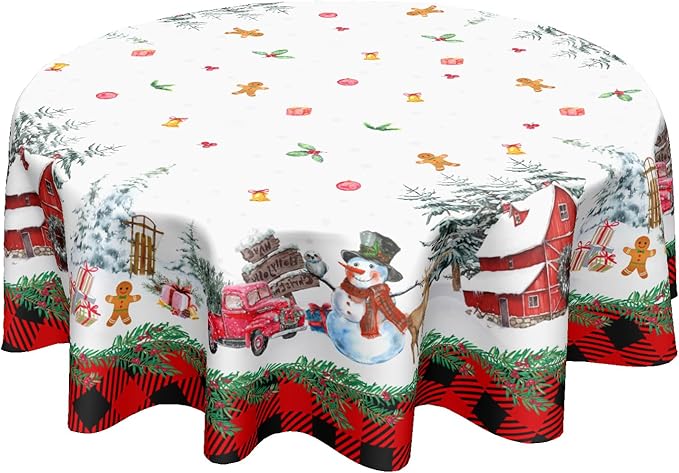 Christmas Round Tablecloth 70 Inch Xmas Snowman Pattern Circle Table Cloth Red Plaid Tablecloth Winter Table Cover Washable Polyester Decor for Home Kitchen Dinning Party