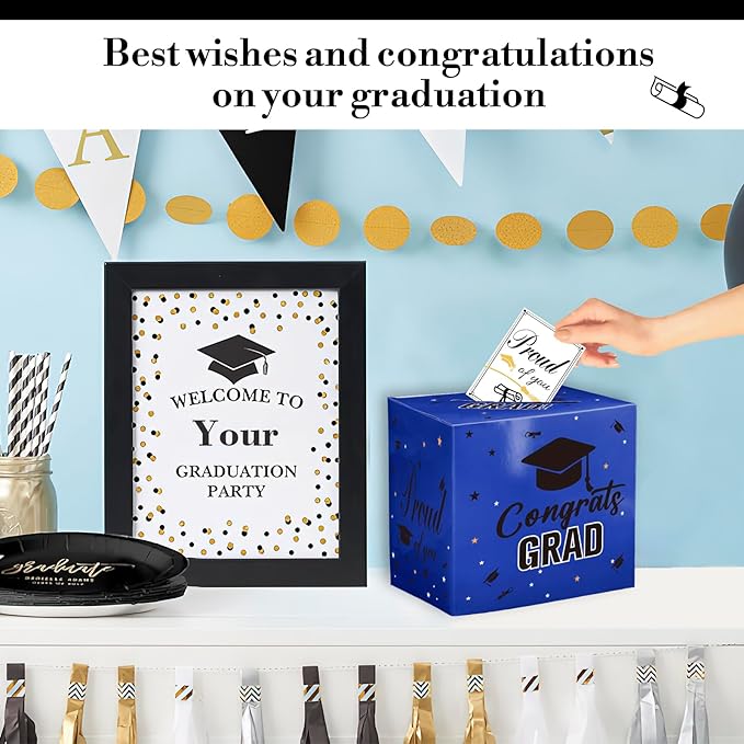 Graduation Card Box, 2026 Graduation Party Decorations, Card Boxes for Graduation 2026, Graduation Box Holder, Grad Box for Gift and Cards, Card Box for Graduation Party Supplies Party Favors, Blue