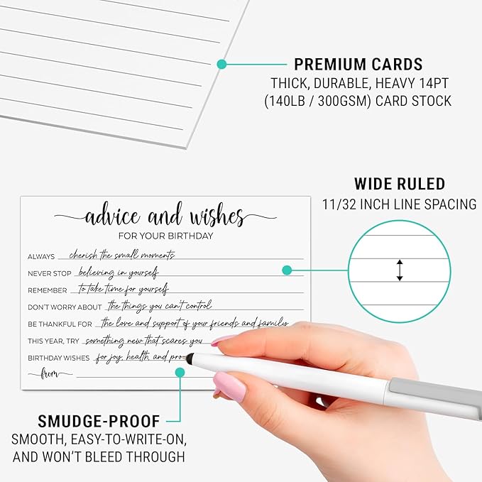 321Done Birthday Wishes and Advice (50) 4x6" White Cards - Good Advice, Best Wishes, Memories Cards - Bday Party Idea Activity - Sweet 16, 30th, 40th, 50th - Fun Ad Lib Prompts - Made in USA