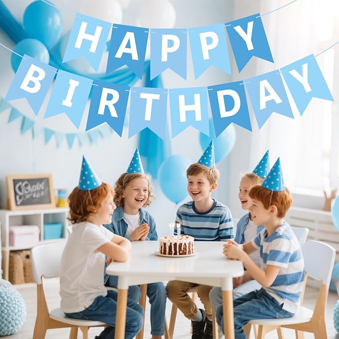 Happy Birthday Banner Sign, Birthday Garland Wall Door Hanging Banners Flag for Women Men Boys Girls Party Backdrop Decorations, Personalized Name Banner White Letters Light Blue