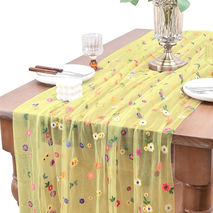 Joanlody Yellow Embroidery Daisy Spring Summer Table Runner Florals Seasonal Easter Tulle Table Runner Holiday Kitchen Dining Table Decoration Wedding Party