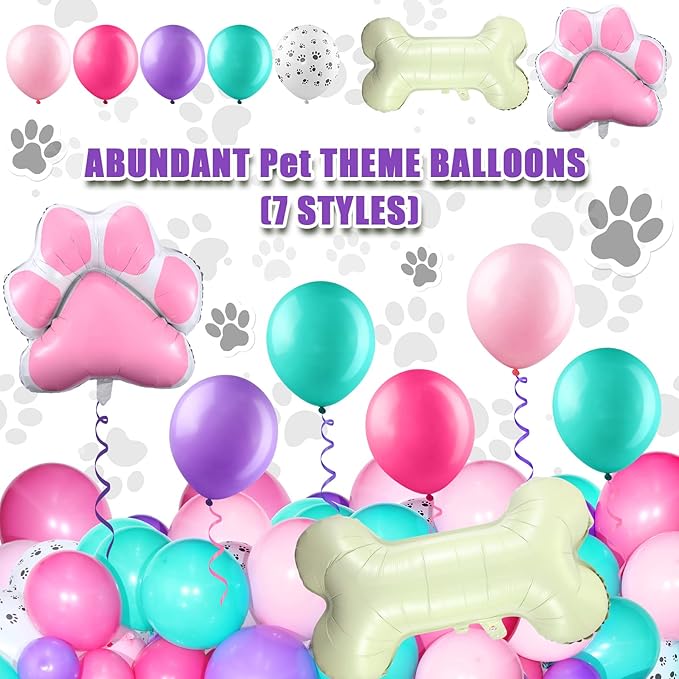 Civaner 164 Pcs Dog Paw Printed Balloons Garland Arch Kit Cartoon Latex Bone and Pink Paw Aluminum Foil Balloons for Puppy Themed Birthday Party Decorations