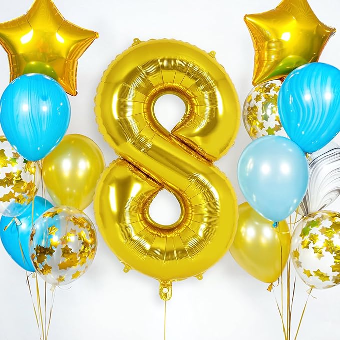 Gold Number 8 Balloon 40 Inch, Big Large Foil Helium Number Balloons, Jumbo Giant Mylar Number 8 Balloons for 8 Year Old Birthday Party Decorations Supplies Anniversary Celebration